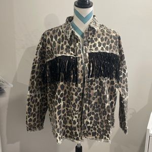 BiBi Leopard jean jacket with tassels
